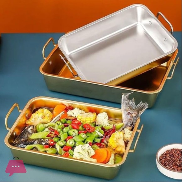 Stainless Steel Golden Rectangular Oven Tray with Handles - Chicken, Turkey & Fish Baking Tray