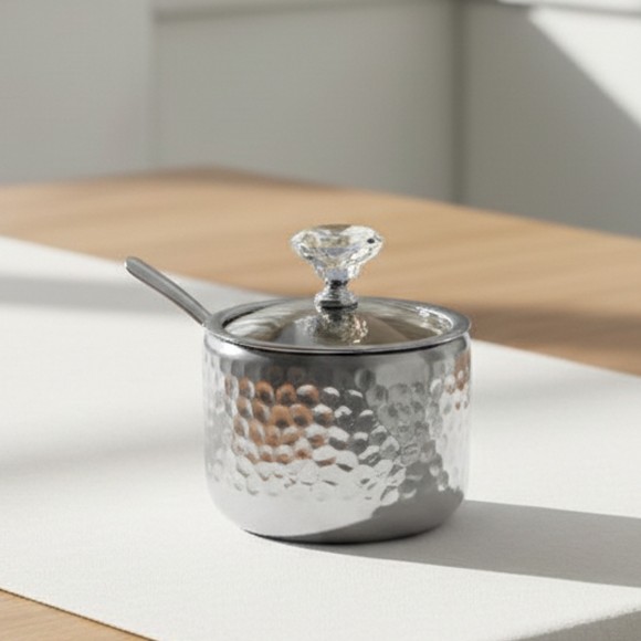 Hammered Design Steel Sugar Bowl with Lid & Spoon
