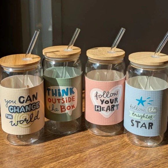 Tall Glass In All Its Glory 450ml Can Glass with Lid & Straw Leather Sleeve Cup