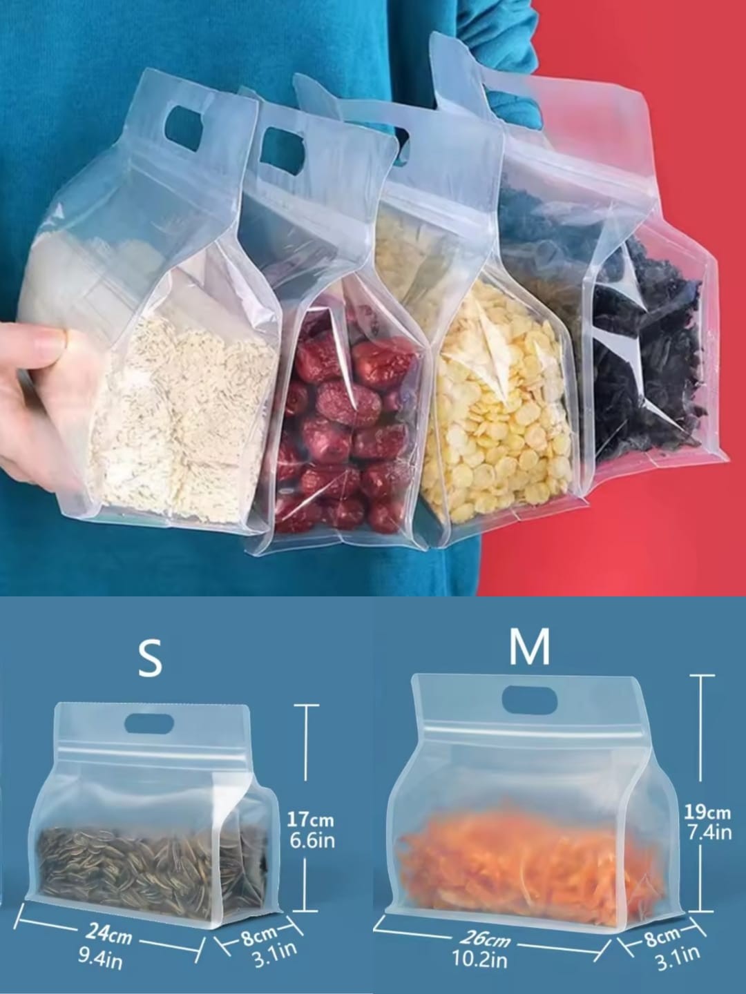 transparent-frosted-wide-eight-side-seal-flat-bottom-bags-with-zipper-and-handle-pack-of-4