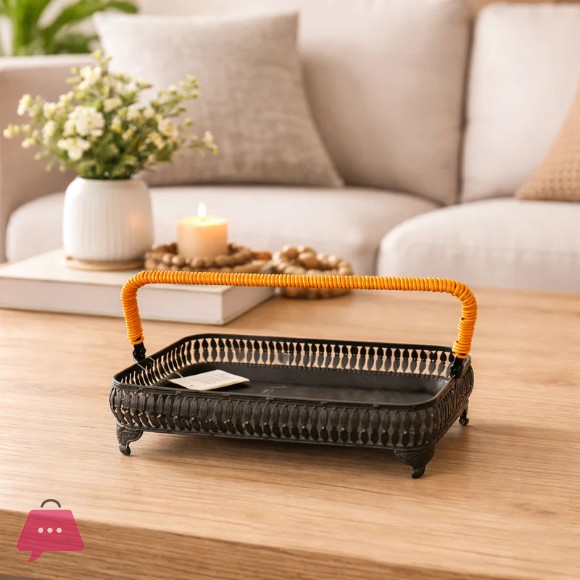 Vintage Style Metal Basket with Rattan Handle