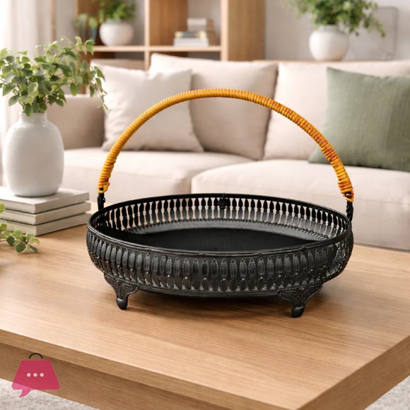 Vintage Style Metal Basket with Rattan Handle