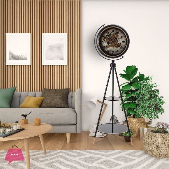 Vintage Style Tripod Floor Clock With Moving Gear Mechanism And Two Shelves