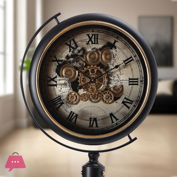 Vintage Style Tripod Floor Clock With Moving Gear Mechanism And Two Shelves