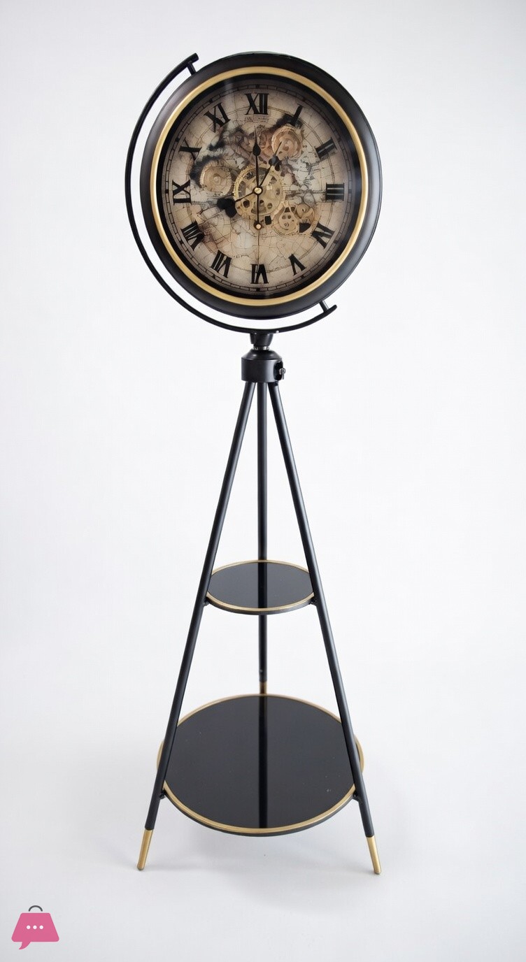 vintage-style-tripod-floor-clock-with-moving-gear-mechanism-and-two-shelves