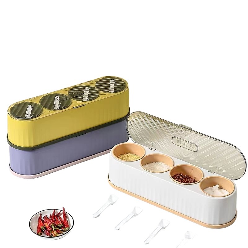 Kitchen Spice Rack Organizer with Spoons | Transparent Lid and Box | |4 Partitions Spices Box | 4 Grid Space Jars | 4 in 1 Partitions Kitchen Seasoning Box