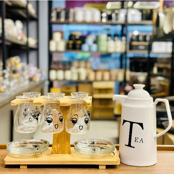 15-piece Porcelain Tea Set with 6 Emoji Glass Cups & Saucers with Stand