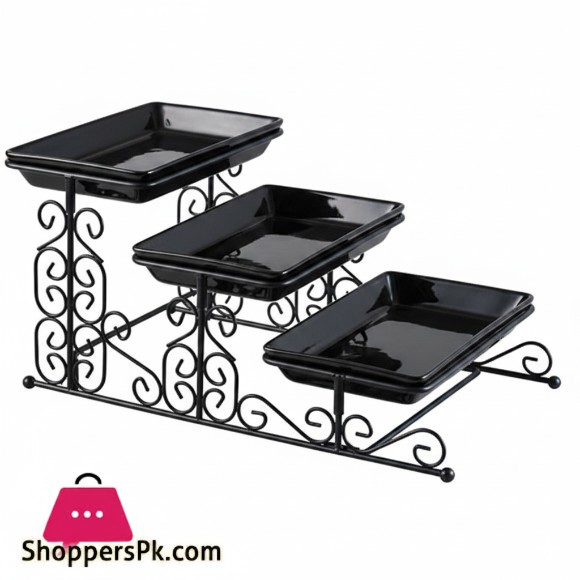 3 Floor Ceramic Dish With Silver and Black Stand - Beautiful Serving Set