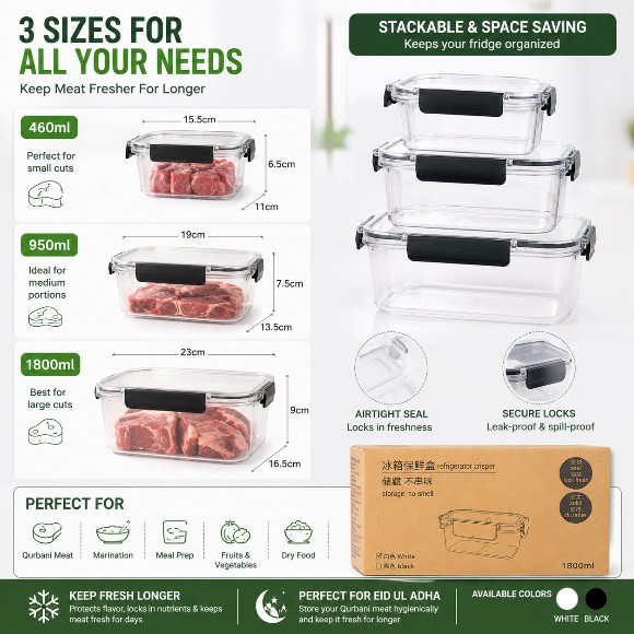 3 Piece Fridge Box Crisper Set Acrylic Food Storage Containers