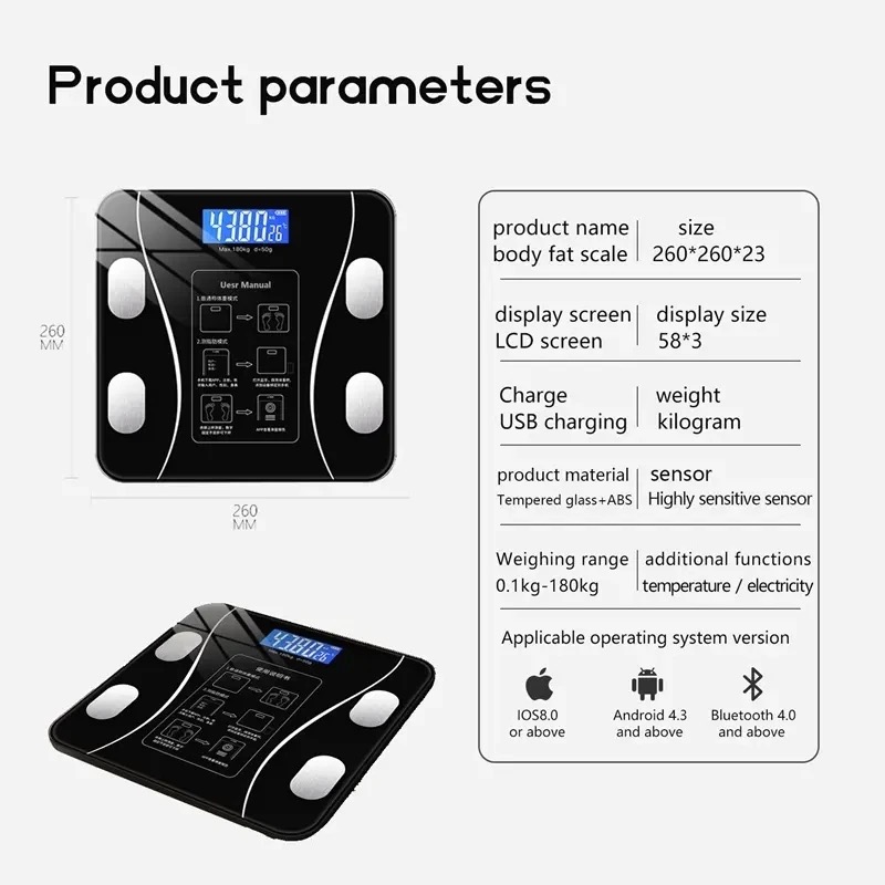 Weight Scale Multi-Functional Human Electronic Scale Home Professional Fat Measurement 180Kg Max Capacity