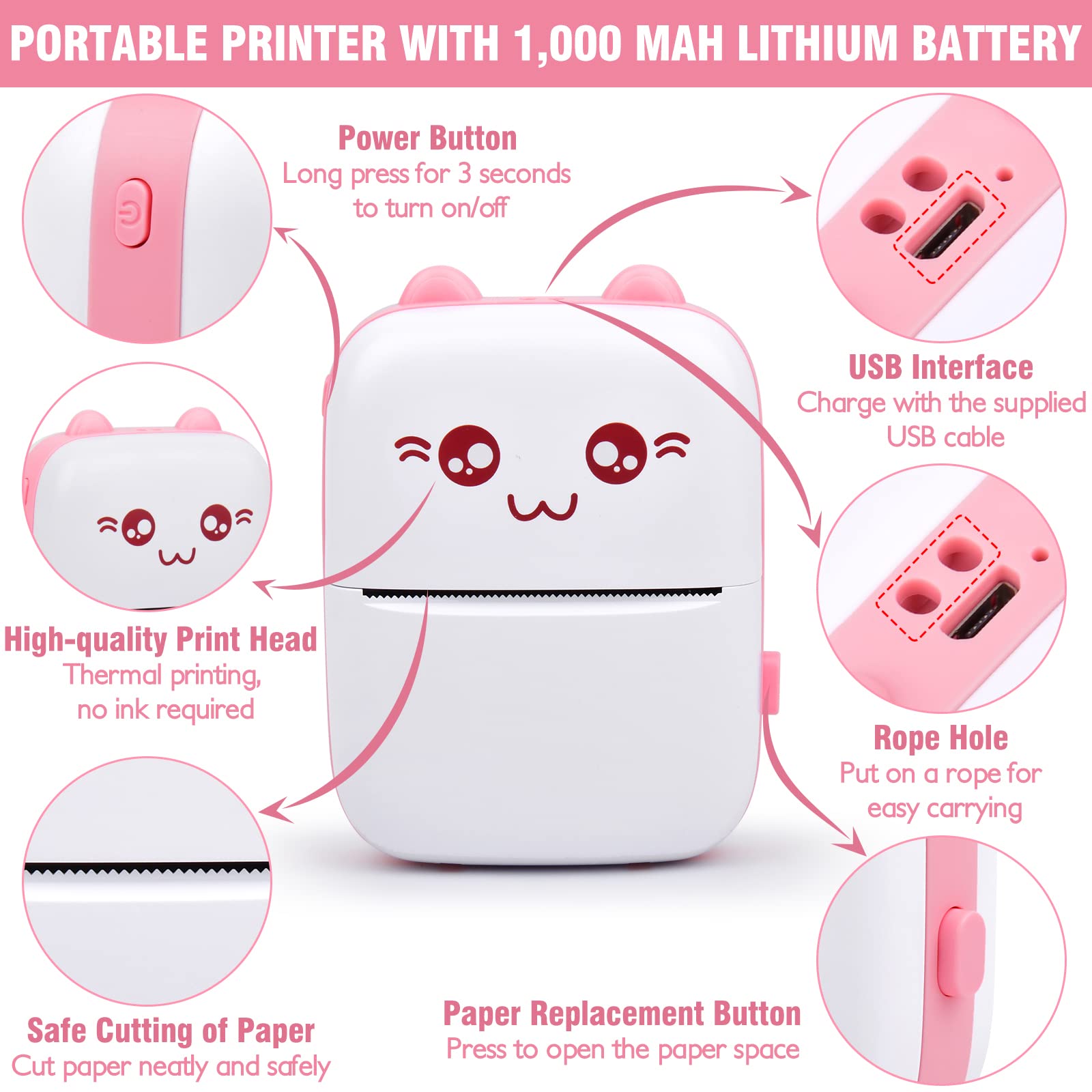 Rechargeable Thermal Mini Printer Cute Photo Label Students Wireless Bluetooth Pocket Pictures Printer