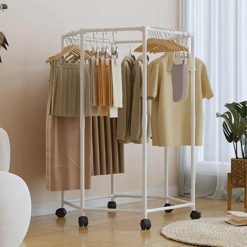 Hexagonal Rotating Clothes Rack Metal Clothes Drying Rack Movable Balcony Bedroom Clothing Storage Rack With Wheels
