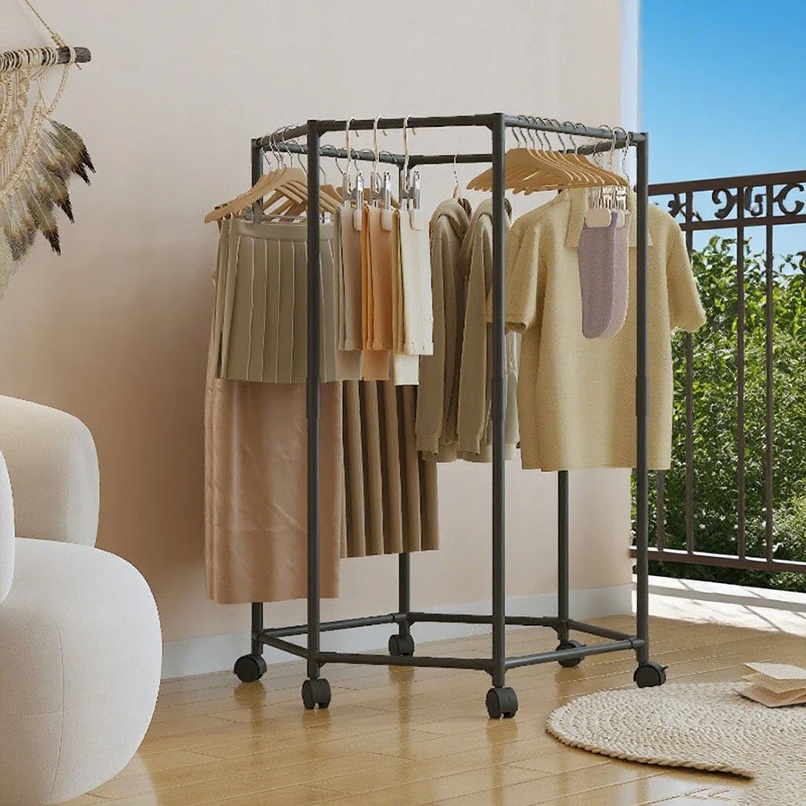 Hexagonal Rotating Clothes Rack Metal Clothes Drying Rack Movable Balcony Bedroom Clothing Storage Rack With Wheels