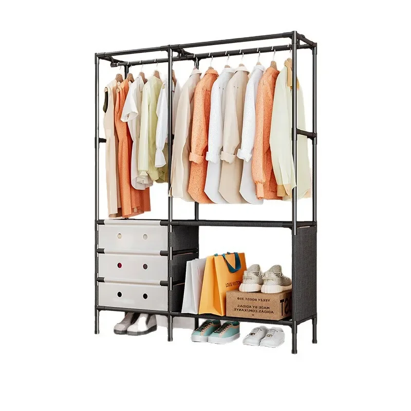 Metal Double Row Standing Coat Rack Multifunctional Shoe Shelf Bag Hooks Space Saving Home Bedroom Entrance Hall Organizer