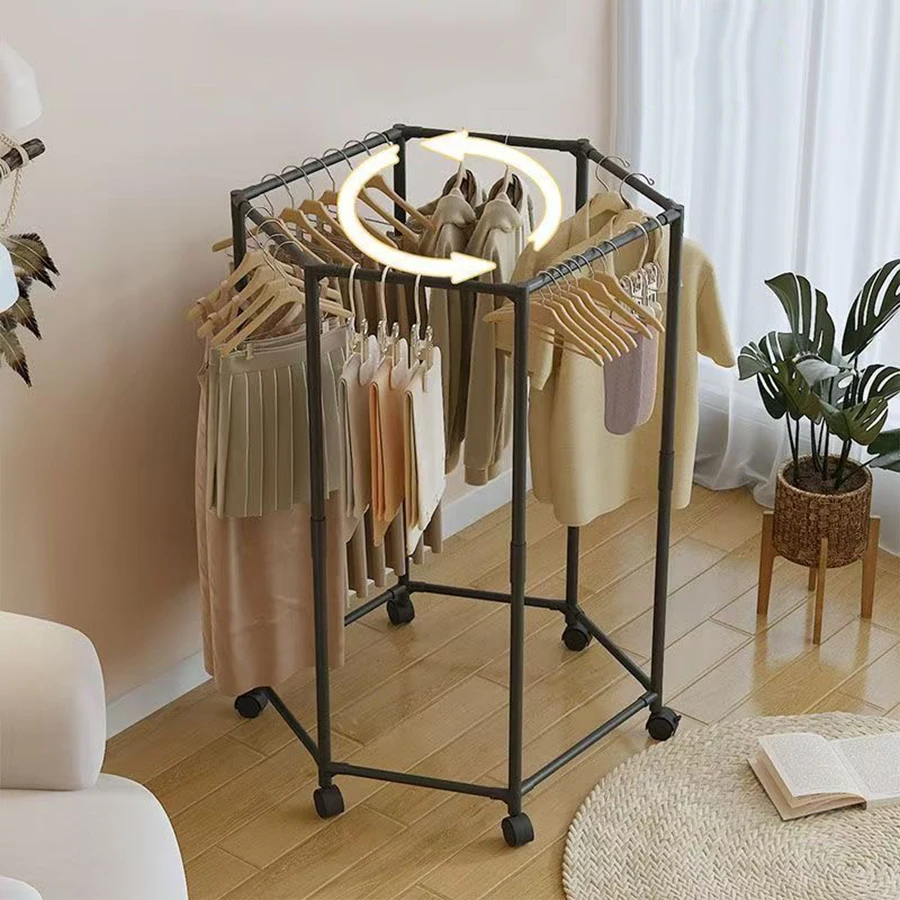 Hexagonal Rotating Clothes Rack Metal Clothes Drying Rack Movable Balcony Bedroom Clothing Storage Rack With Wheels