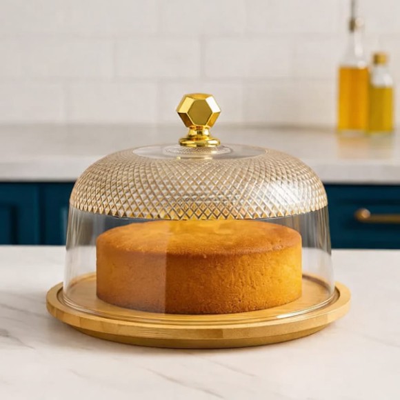 ACRYLIC CAKE SERVING BOWL TOP WITH WOODEN BASE