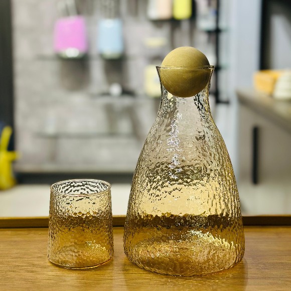 Amber Gold Wooden Ball Top Decanter Set 7pcs