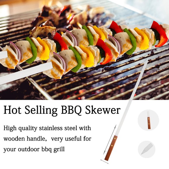 BBQ Barbecue Stainless Steel Kebab Skewers Turkish Flat Skewers with Long Wood Handle Pack of 5 - 45CM
