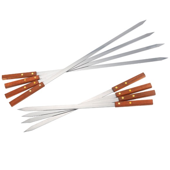 BBQ Barbecue Stainless Steel Kebab Skewers Turkish Flat Skewers with Long Wood Handle Pack of 5 - 45CM