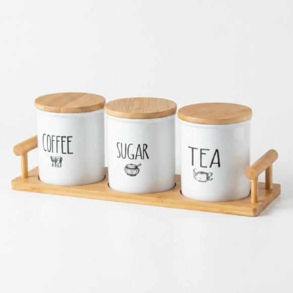 Ceramic Tea Coffee Sugar Jars Set with Tray