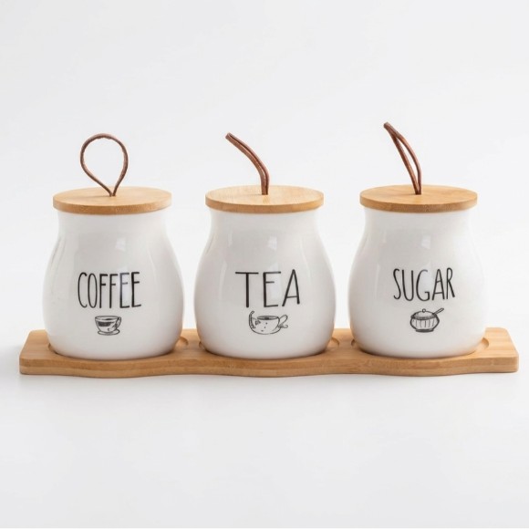 Ceramic Tea Coffee Sugar Jars Set with Tray