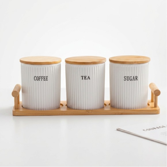 Ceramic Tea Coffee Sugar Jars Set with Tray