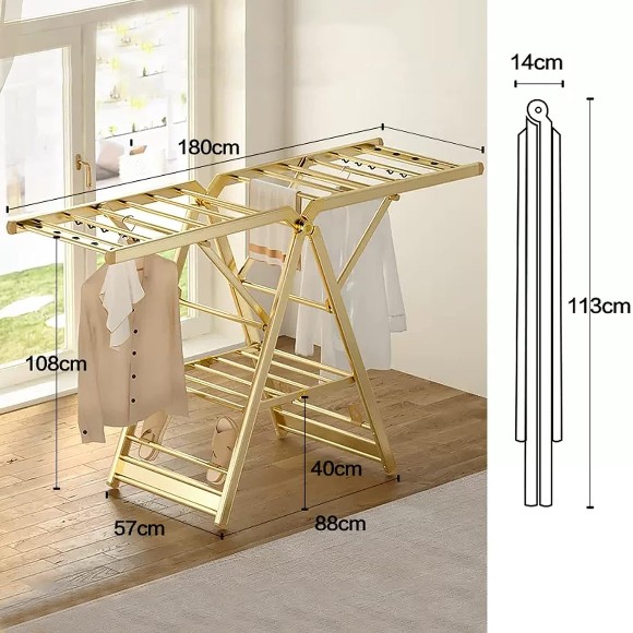 Clothes Drying Rack Non-Magnet Stainless Steel Gold Laundry Drying Rack Collapsible Laundry Hanger With Shoe Support