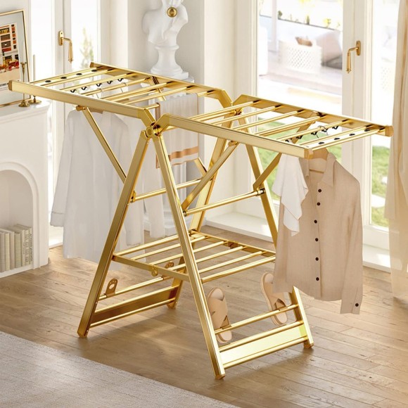 Clothes Drying Rack Non-Magnet Stainless Steel Gold Laundry Drying Rack Collapsible Laundry Hanger With Shoe Support