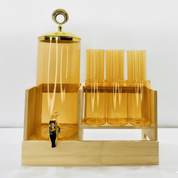 Luxury Glass Beverage Dispenser Set with 6 Glasses & Bamboo Stand – Gold Lid & Tap
