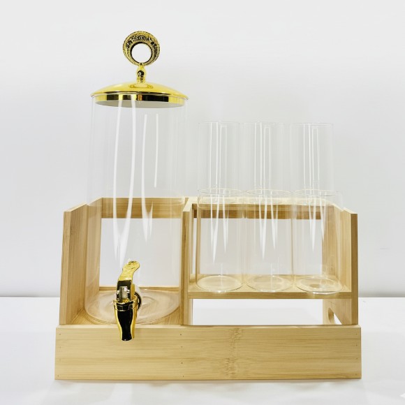 Luxury Glass Beverage Dispenser Set with 6 Glasses & Bamboo Stand – Gold Lid & Tap