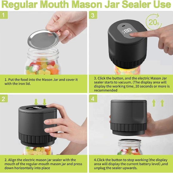 Electric Mason Jar Vacuum Sealer Kit Cordless Automatic Jar Sealer Kit for Food Storage