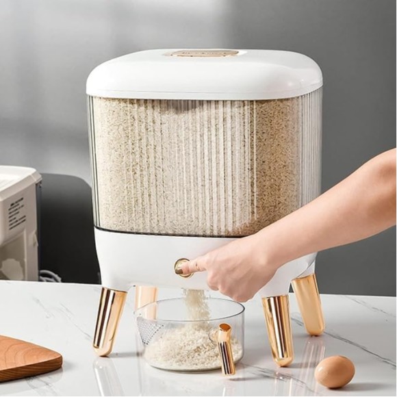 Elegant White with Gold Plated Design Rice Food Dispenser Flour Bean Cereal BucketFood Storage Box with Lid 10Kg