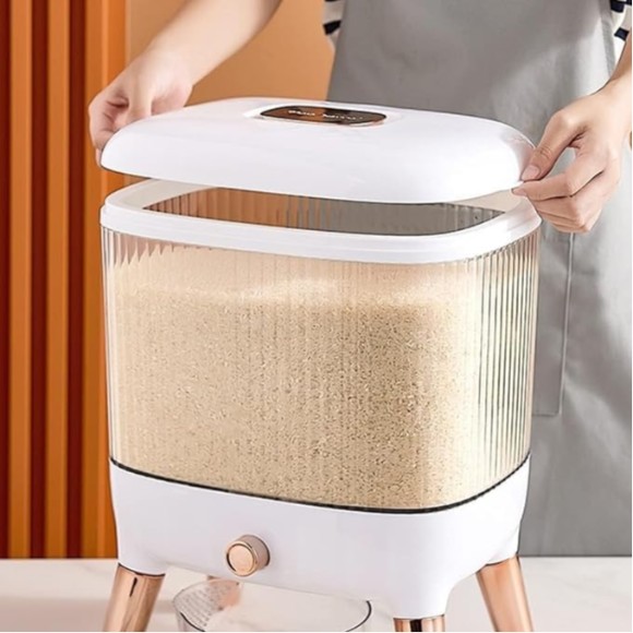 Elegant White with Gold Plated Design Rice Food Dispenser Flour Bean Cereal BucketFood Storage Box with Lid 10Kg