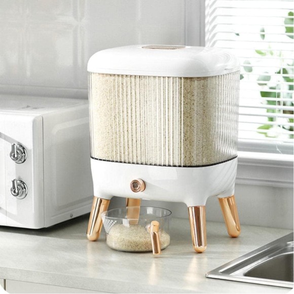 Elegant White with Gold Plated Design Rice Food Dispenser Flour Bean Cereal BucketFood Storage Box with Lid 10Kg