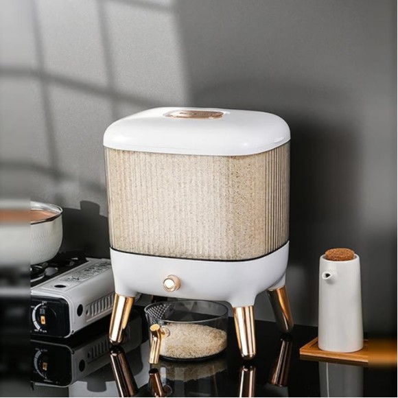 Elegant White with Gold Plated Design Rice Food Dispenser Flour Bean Cereal BucketFood Storage Box with Lid 10Kg