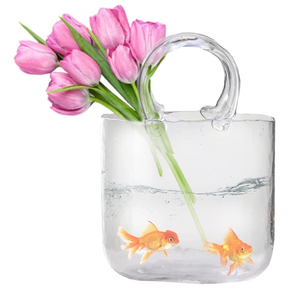 Glass Purse Vase For Flowers Clear Hand Blown Glass Vases With Elegant Purse Clear Glass Bag Vase, Glass Fish Bowl Vase With Fish Bowl Handbag