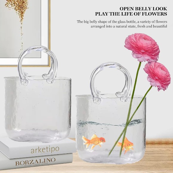 Glass Purse Vase For Flowers Clear Hand Blown Glass Vases With Elegant Purse Clear Glass Bag Vase, Glass Fish Bowl Vase With Fish Bowl Handbag
