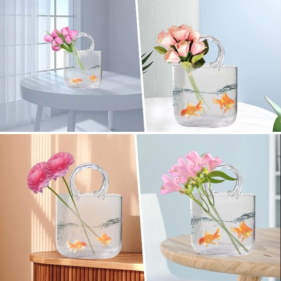 Glass Purse Vase For Flowers Clear Hand Blown Glass Vases With Elegant Purse Clear Glass Bag Vase, Glass Fish Bowl Vase With Fish Bowl Handbag