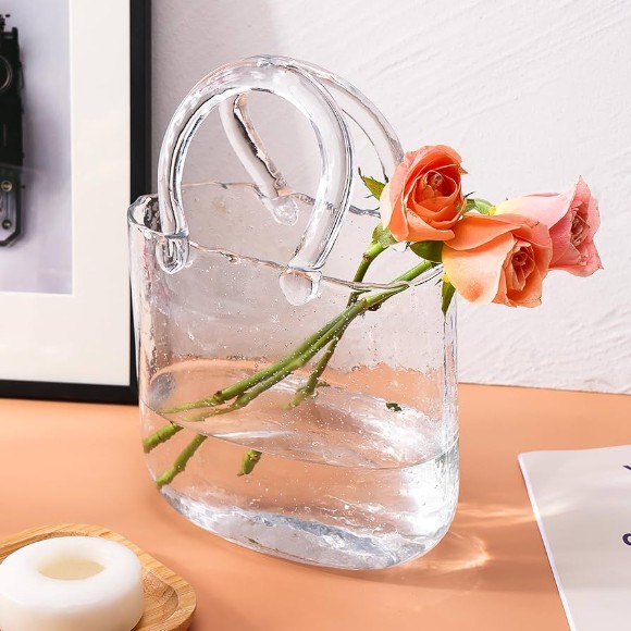 Glass Purse Vase For Flowers Clear Hand Blown Glass Vases With Elegant Purse Clear Glass Bag Vase, Glass Fish Bowl Vase With Fish Bowl Handbag