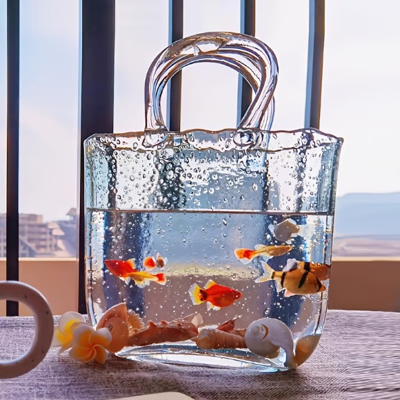 Glass Purse Vase For Flowers Clear Hand Blown Glass Vases With Elegant Purse Clear Glass Bag Vase, Glass Fish Bowl Vase With Fish Bowl Handbag