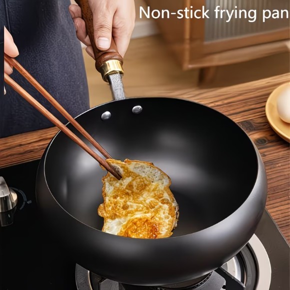 Handmade Traditional Iron Pot with Large Belly, Mirror Surface, Non-stick, No Coating, Splash-proof - 24CM