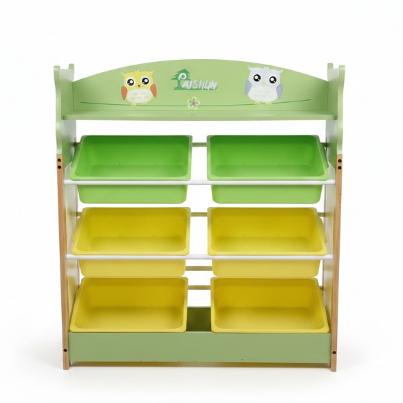 Heavy-Duty Wooden Children Play Rack with 6 Plastic Bins