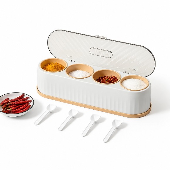 Kitchen Spice Rack Organizer with Spoons | Transparent Lid and Box | |4 Partitions Spices Box | 4 Grid Space Jars | 4 in 1 Partitions Kitchen Seasoning Box