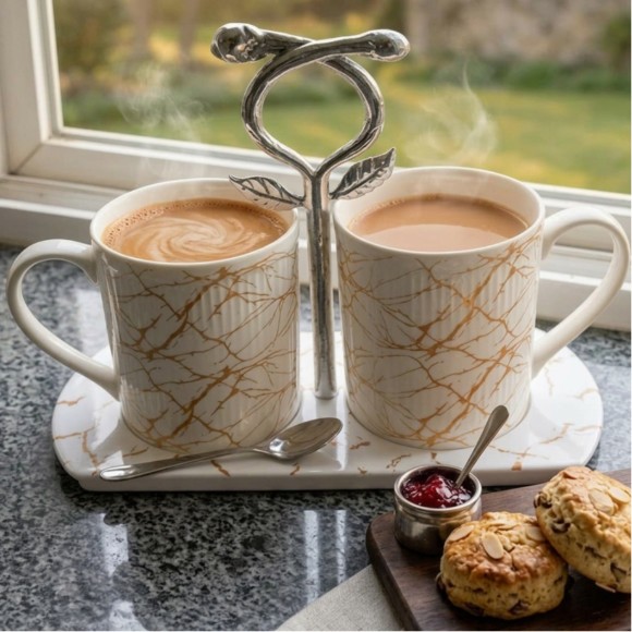 Luxury Ceramic Coffee & Tea Mug Set with Tray Set of 2