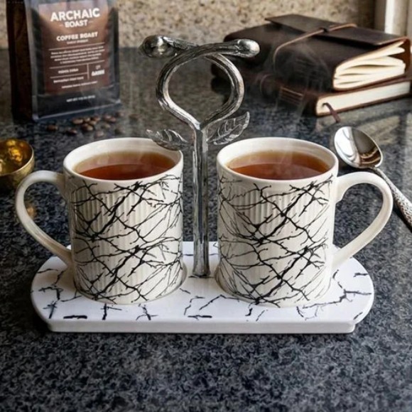 Luxury Ceramic Coffee & Tea Mug Set with Tray Set of 2