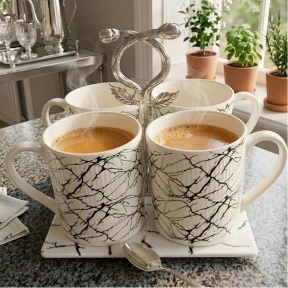 Luxury Ceramic Coffee & Tea Mug Set with Tray Set of 4