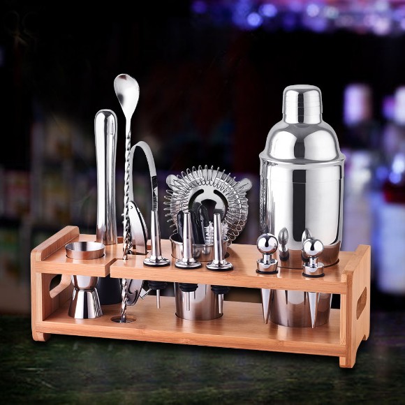Professional Bartender Set With Bamboo Stand Stainless Steel Bar Tools With Stand Best High Quality New Design