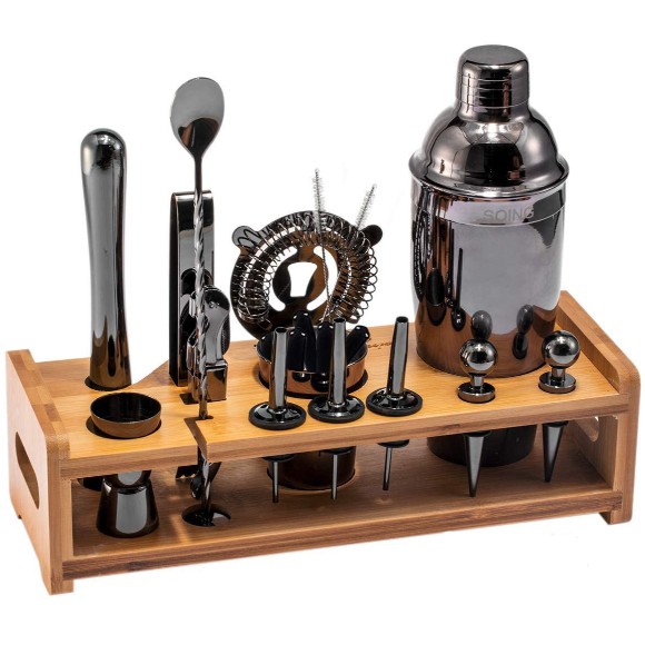 Professional Bartender Set With Bamboo Stand Stainless Steel Bar Tools With Stand Best High Quality New Design