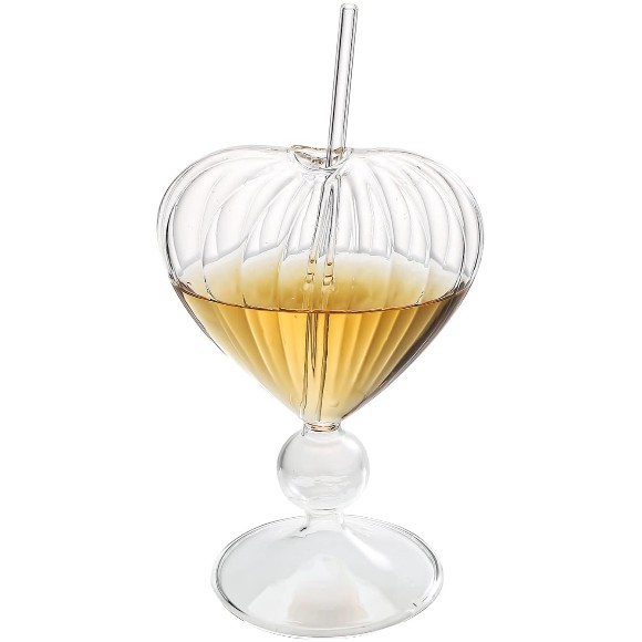 Ribbed Heart Glass Sipper with Bent Straw