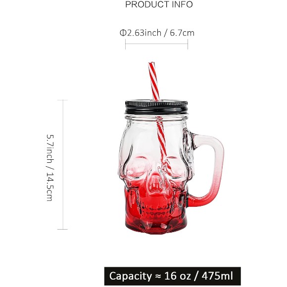 Skull Mason Jar with Lids Straws and Handle Colorful Drinking Glasses for 16 oz